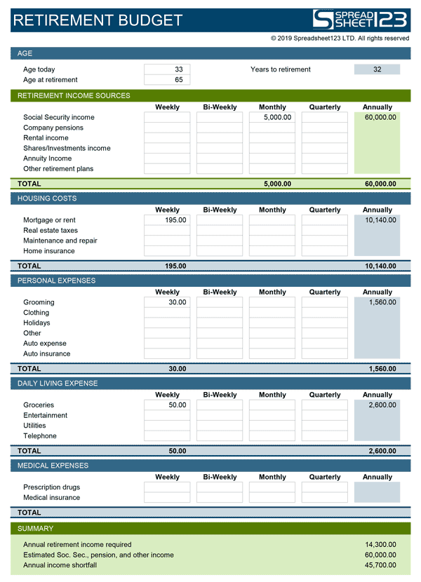 Free Retirement Budget Planner Template for Excel