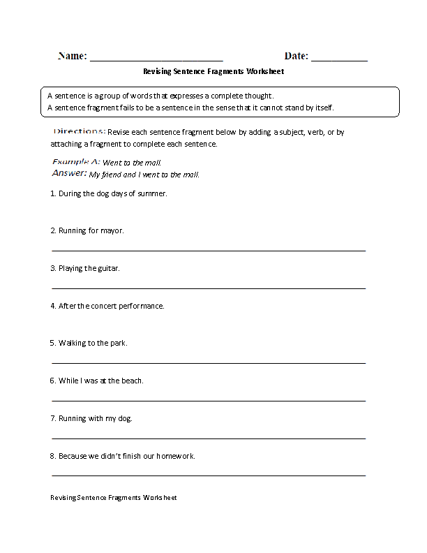 Sentence Fragments Worksheets | Revising Sentence Fragment Worksheet