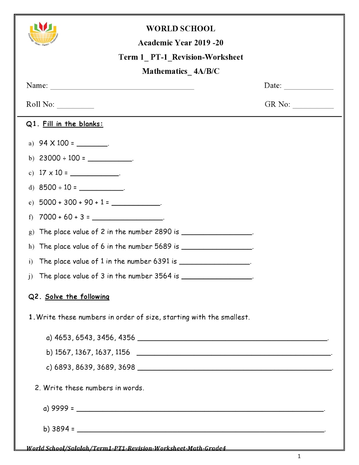 revision worksheet grade 4