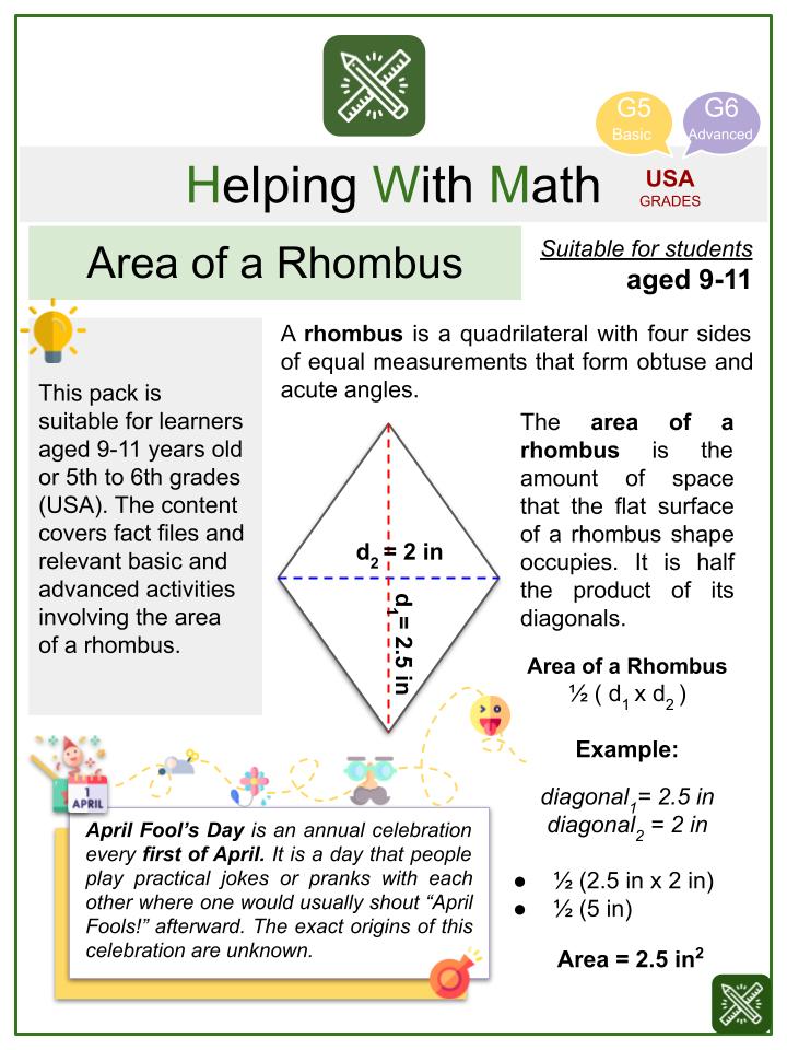 Area of a Rhombus April Fools Day Themed Math Worksheets | Age 9-11