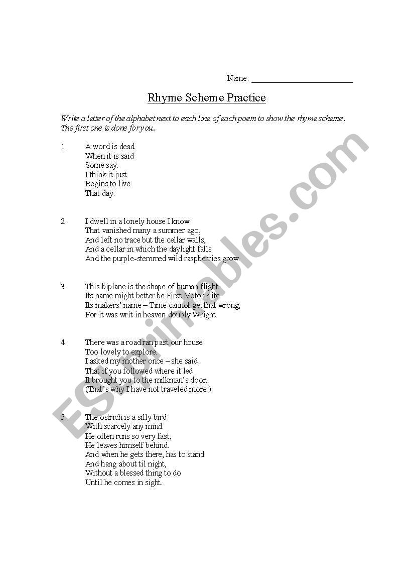 Rhyming Scheme YouTube Worksheets Library