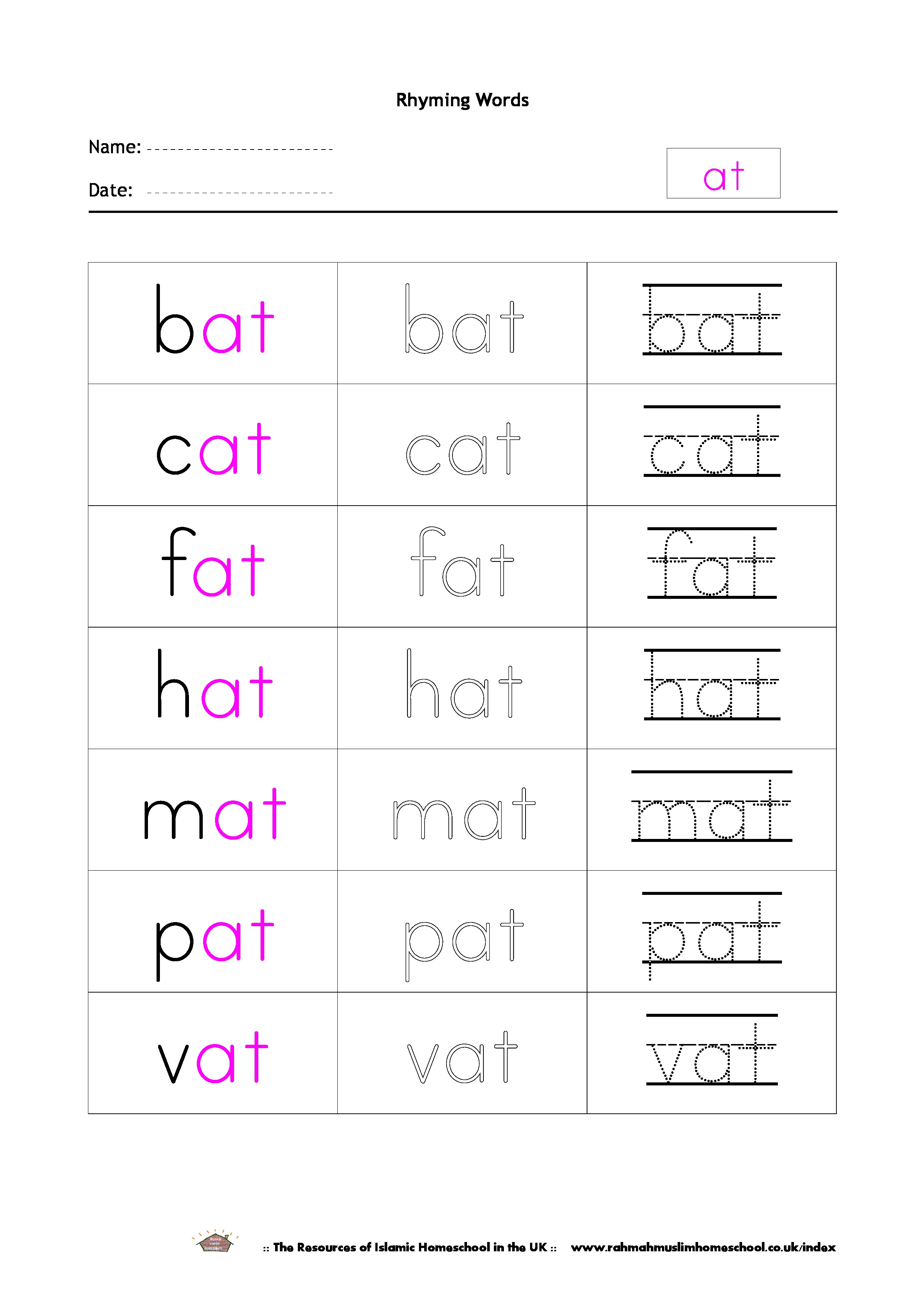 Free Rhyming Words Worksheet “at” | The Islamic Home Education ...