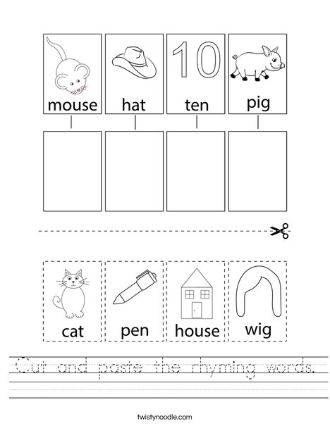 Cut and paste the rhyming words Worksheet - Twisty Noodle