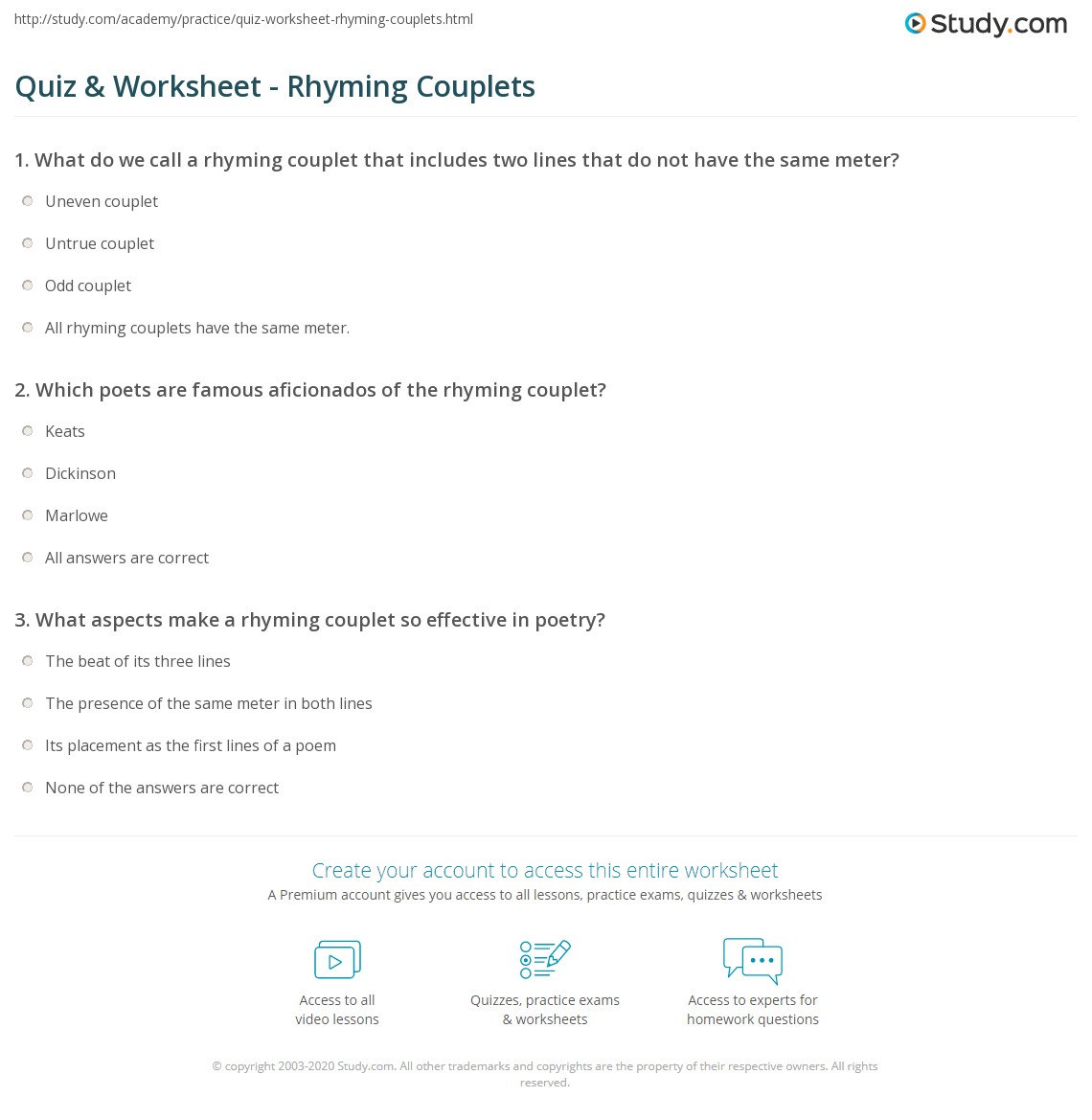 Quiz &  Worksheet - Rhyming Couplets | Study.com