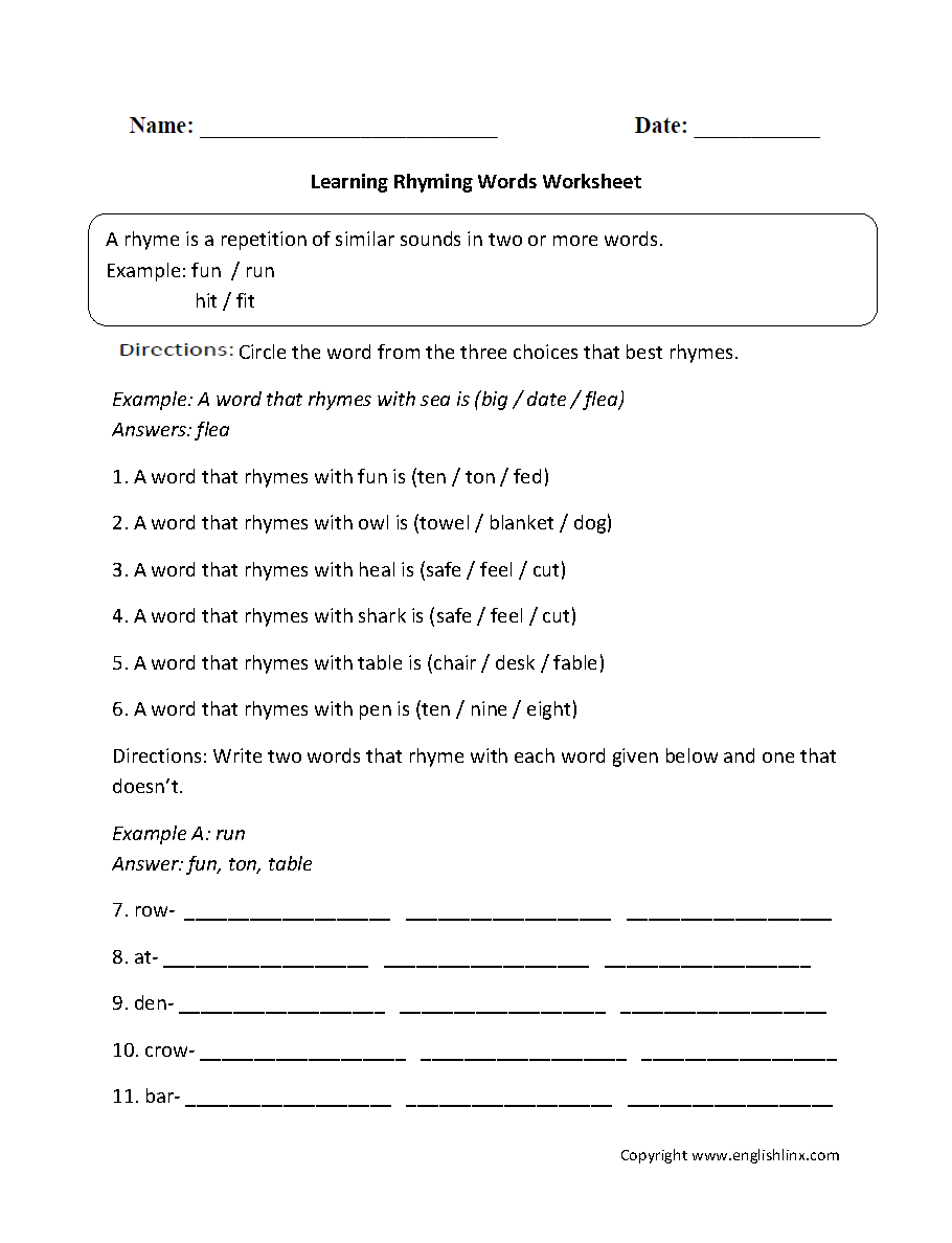 rhyming word pairs worksheet answers