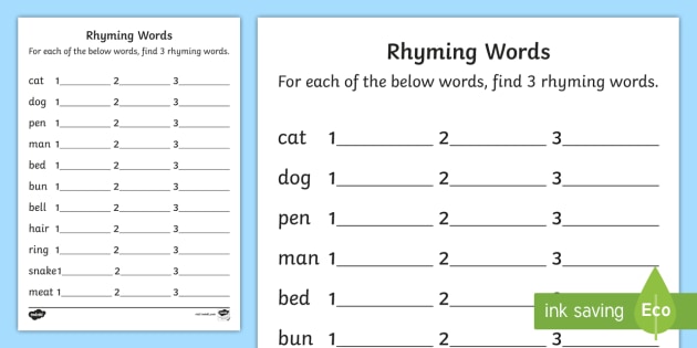 rhyming word pairs worksheet answers