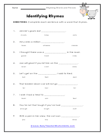 rhyming word pairs worksheet answers