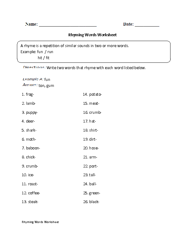 rhyming word pairs worksheet answers