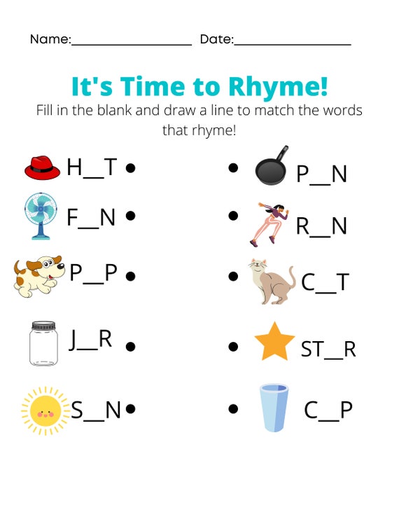 Rhyming Words Printable Worksheets Kindergarten &  First Grade  