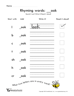 Rhyming words: _ook | 1st grade Word lists Worksheet | GreatSchools