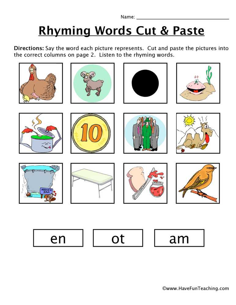 rhyming words cut and paste worksheet