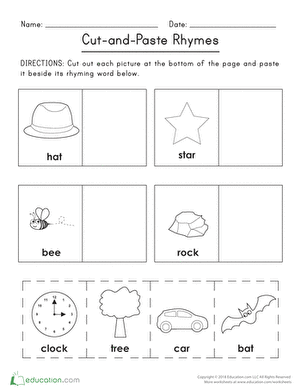 rhyming words cut and paste worksheet