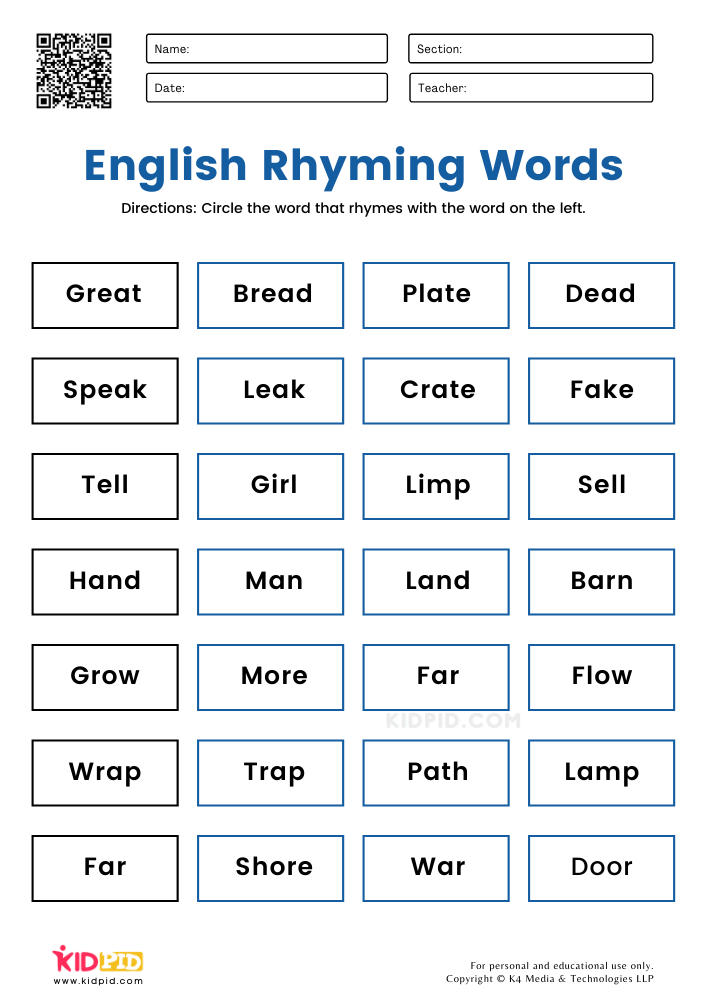 rhyming words worksheet for grade 1