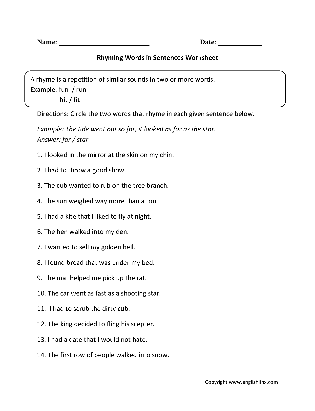 rhyming words worksheet for
