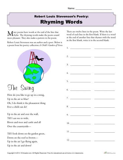 Robert Louis Stevensons Poetry: Find the Rhyming Words