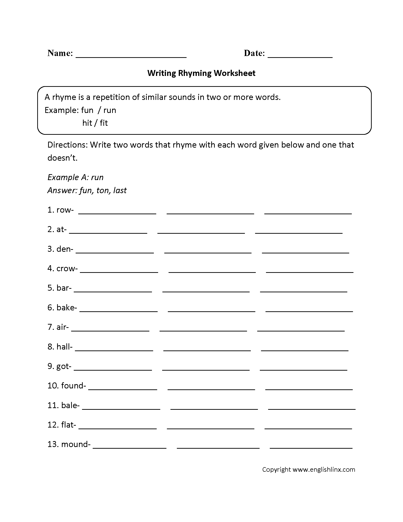 Rhyming Worksheets | Writing Rhyme Worksheet
