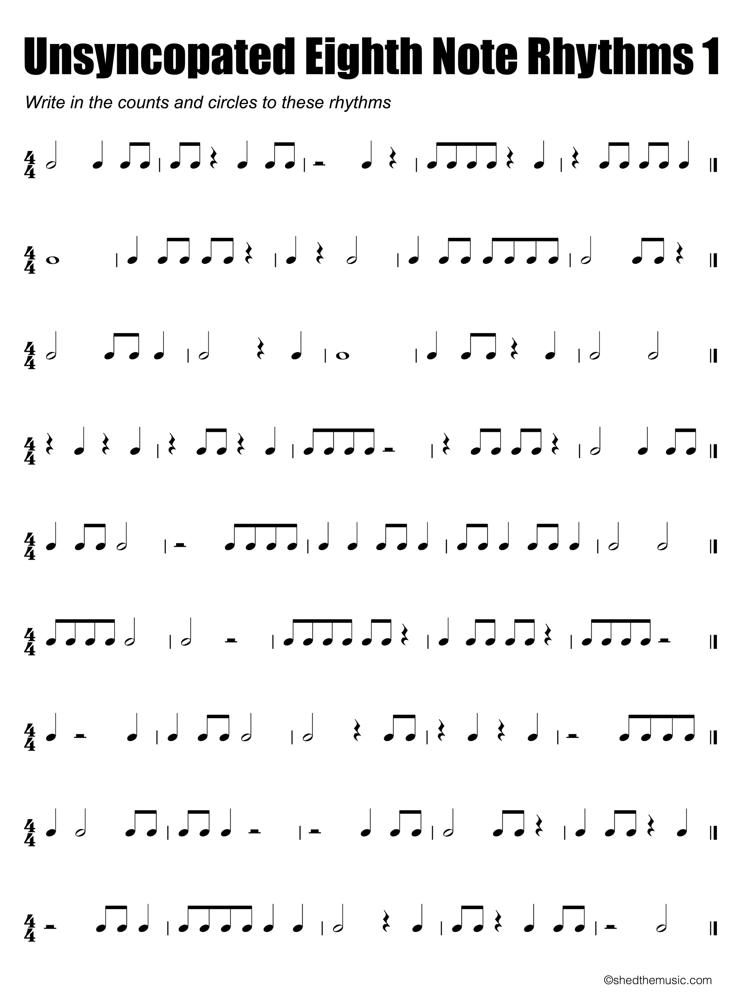 Unsycopated eighth note worksheet — The Shed