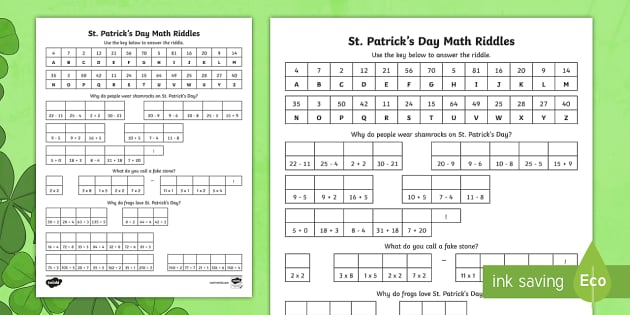 St. Patricks Day Mixed Skill Math Riddles for 3rd-5th Grade