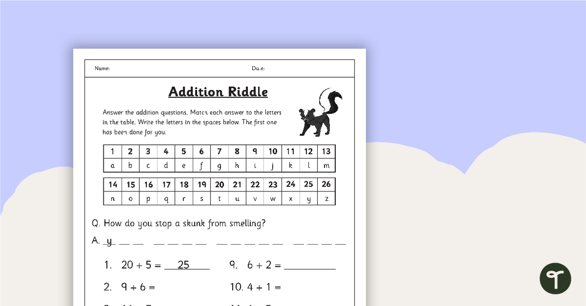 Addition Riddle Worksheet Skunk Teach Starter Worksheets Library