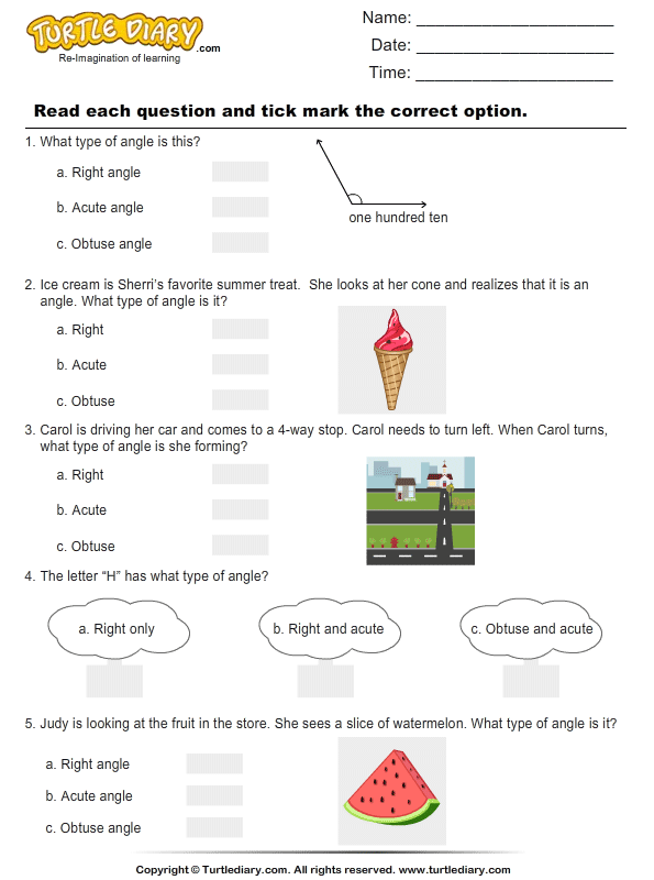 Acute Obtuse Right Angles | Turtle Diary Worksheet