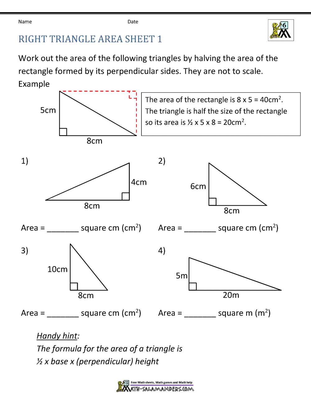 Area of Right Triangle Worksheets