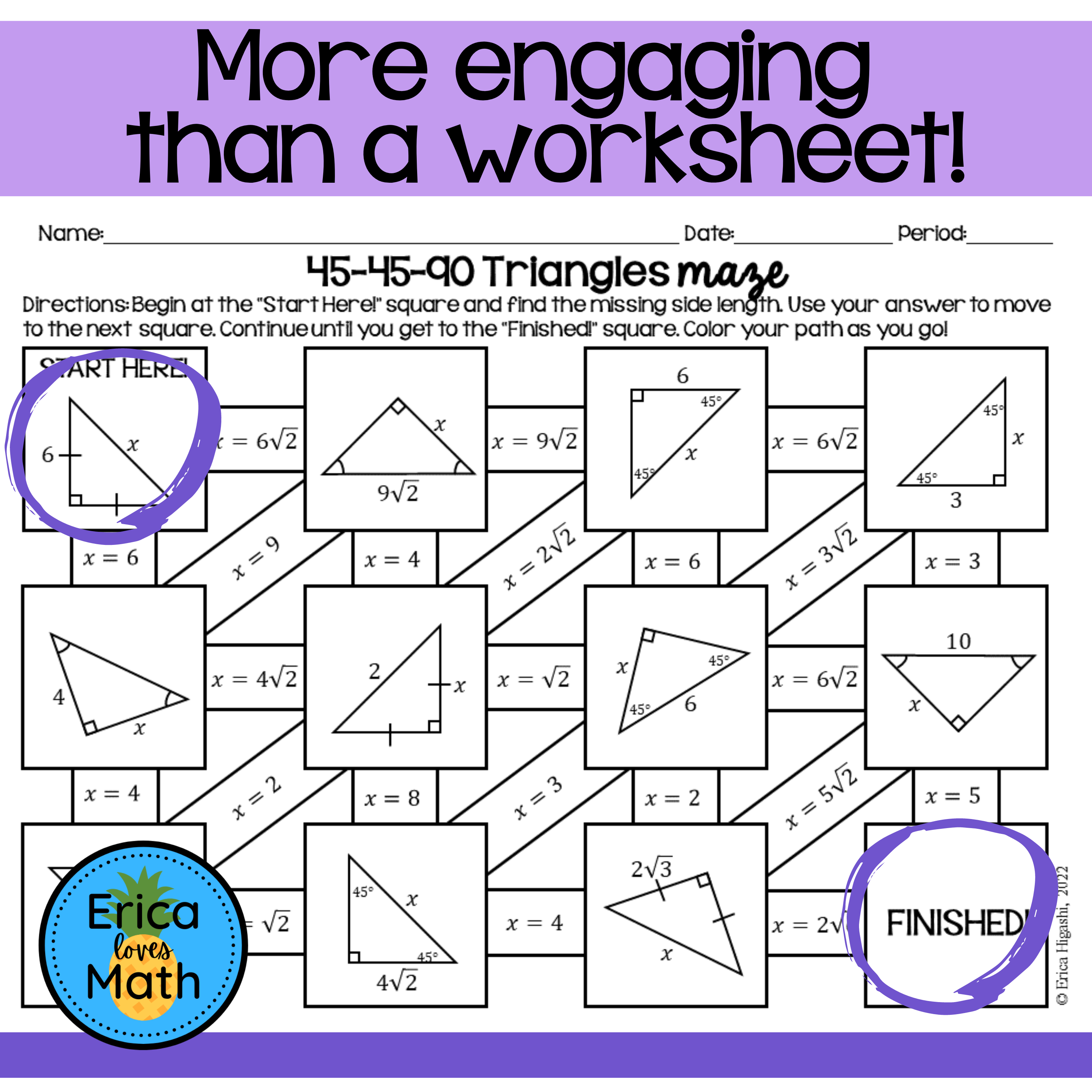 45-45-90 Special Right Triangles Maze Worksheet Activity - Classful