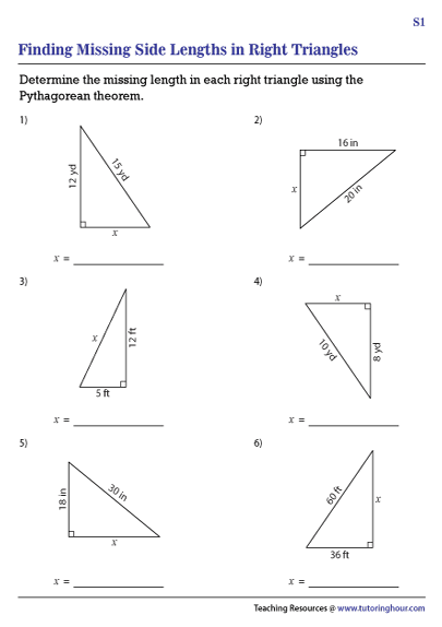 Unknown Side Lengths in Right Triangles Worksheets