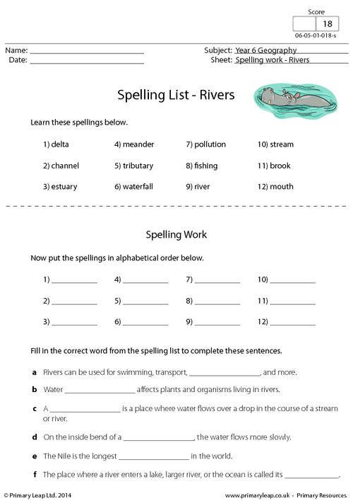 Geography: Spelling List Rivers | Worksheet | PrimaryLeap.co.uk