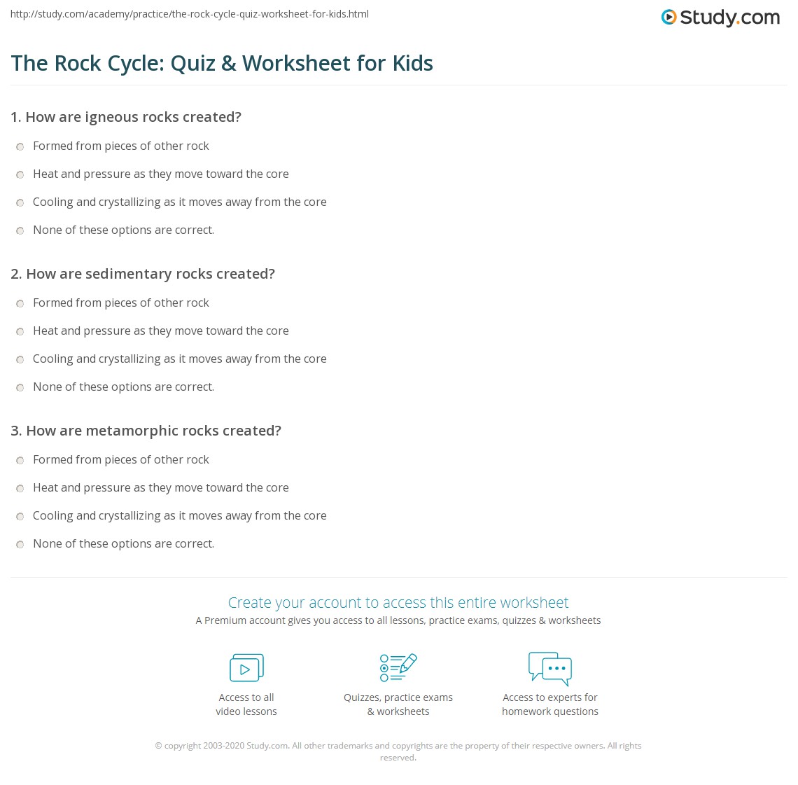 The Rock Cycle: Quiz &  Worksheet for Kids | Study.com