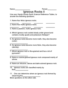Igneous Rock II Worksheet for 7th - 9th Grade | Lesson Planet