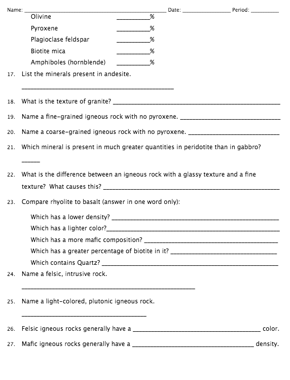 rock worksheet answers