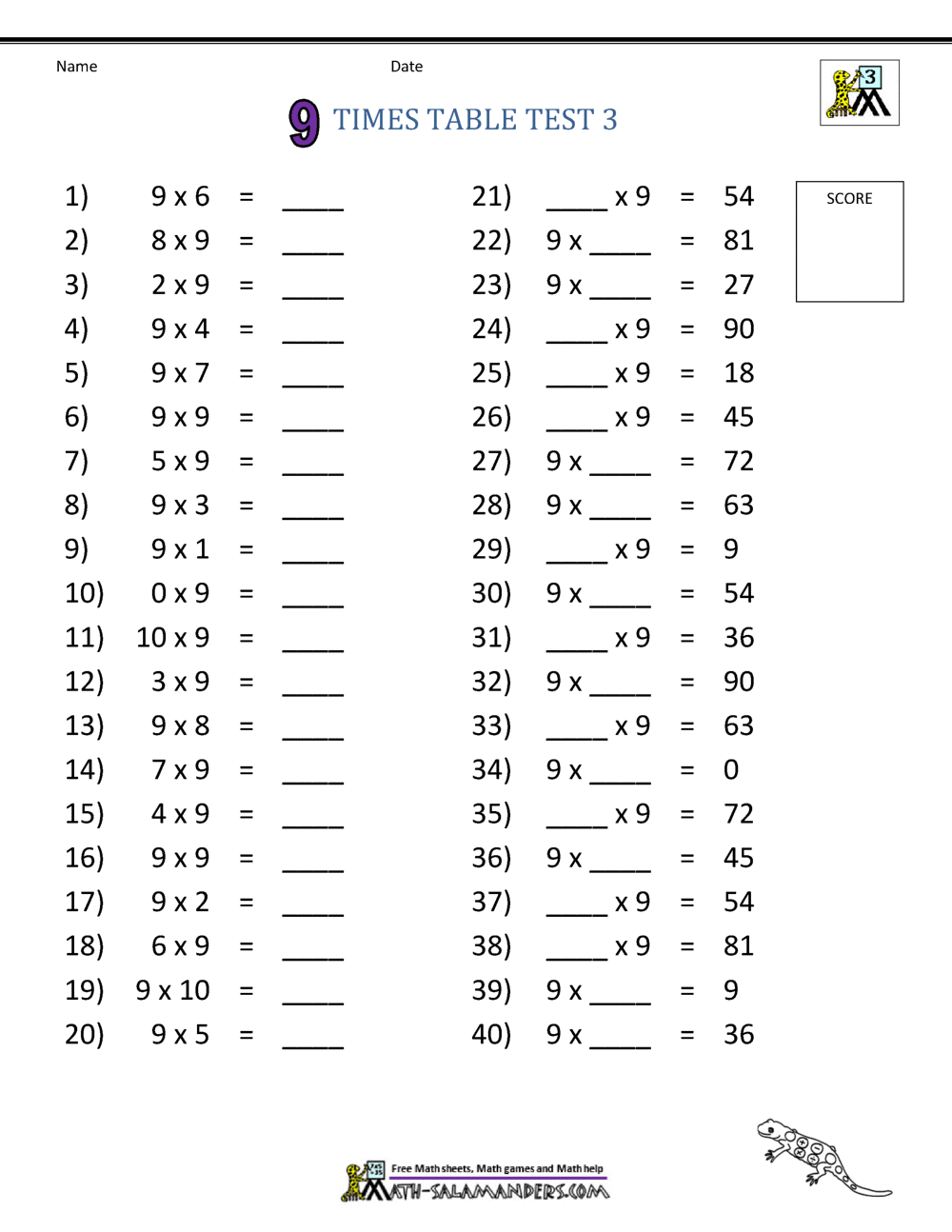 Maths Times Tables Worksheets - 9 Times Table