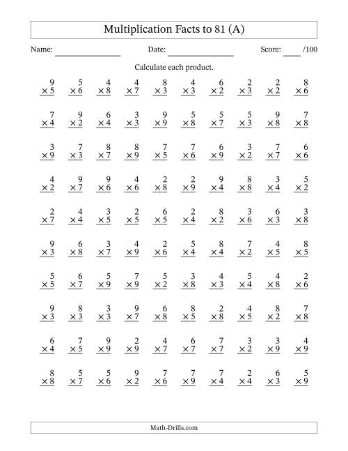 Multiplication Facts to 81 (100 Questions) (No Zeros or Ones) (A)