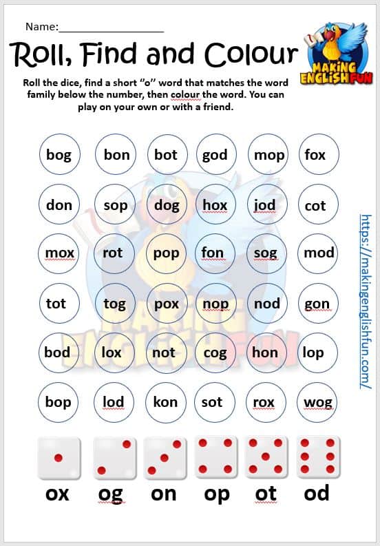 Roll and Colour Word Families Worksheets - EditableMaking English Fun