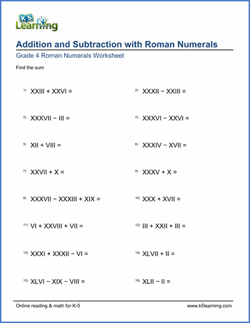roman numeral addition worksheet