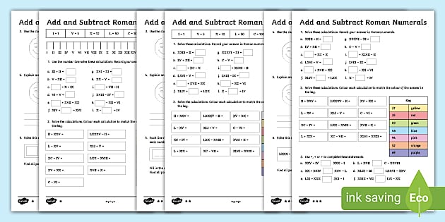 roman numeral addition worksheet
