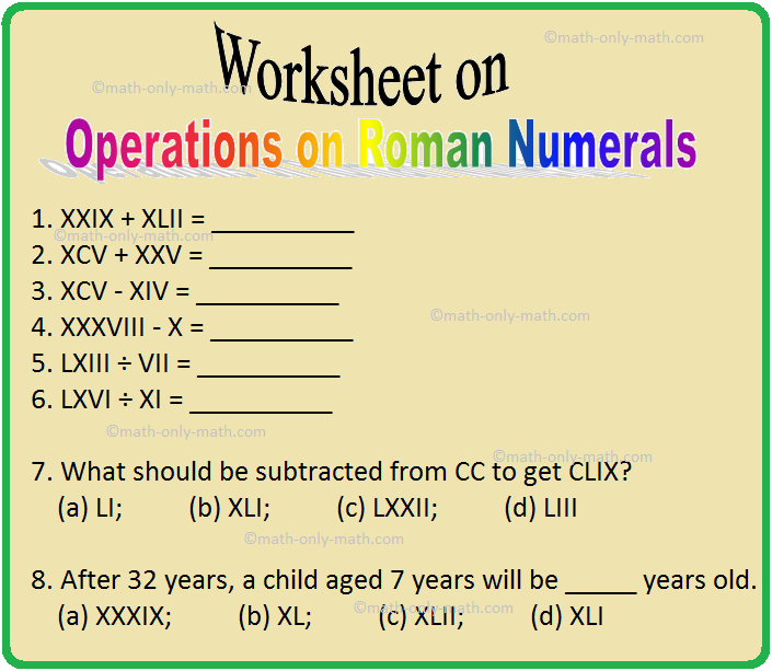 roman numeral addition worksheet