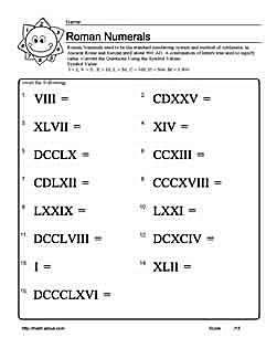 roman numeral worksheet