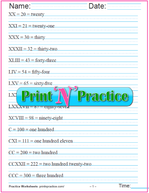 Roman Numerals Chart: Easy Roman Numeral Conversion Worksheets
