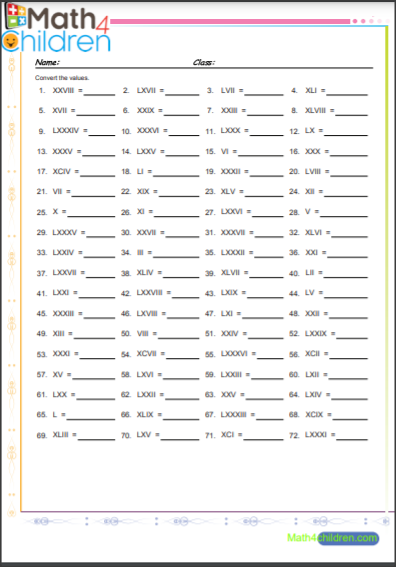 Roman numerals worksheets 3rd grade