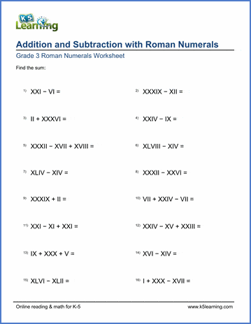 roman numerals worksheet for grade 3