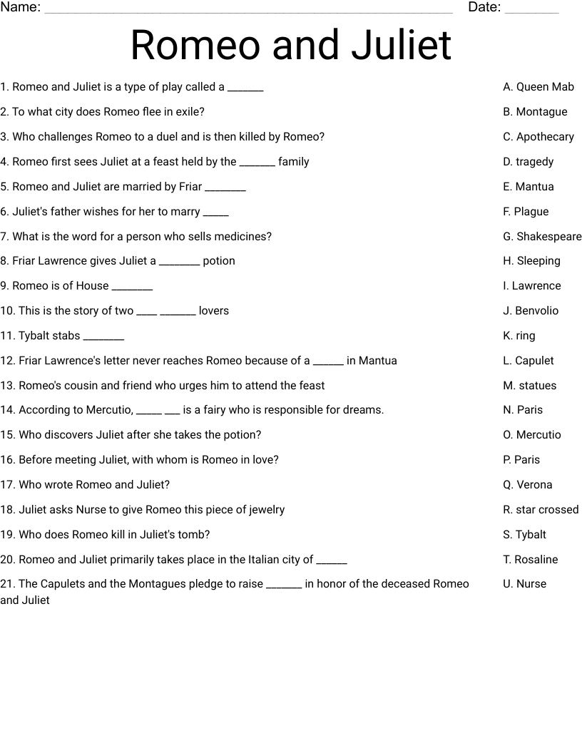 Romeo and Juliet Worksheet - WordMint