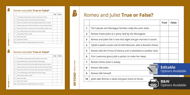 romeo and juliet worksheet and answers