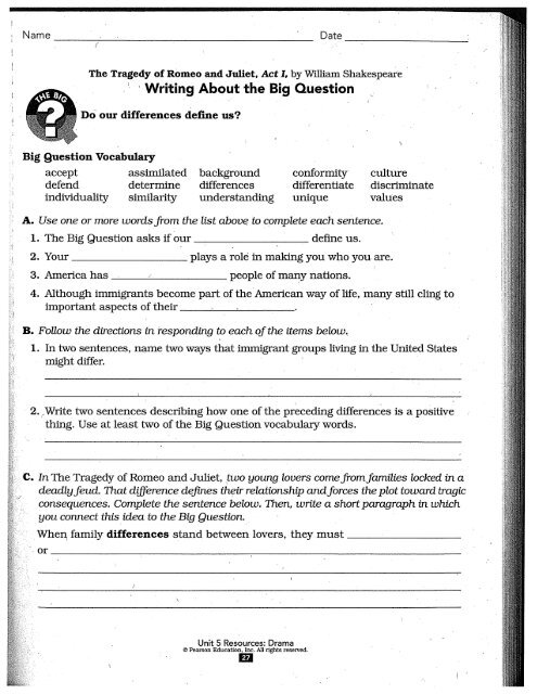 romeo and juliet worksheet