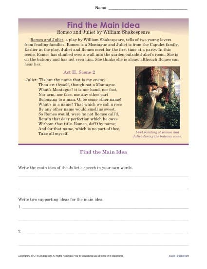 High School Main Idea Worksheet About Romeo &  Juliet