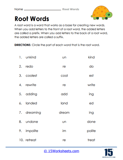 root words 4th grade language arts worksheet