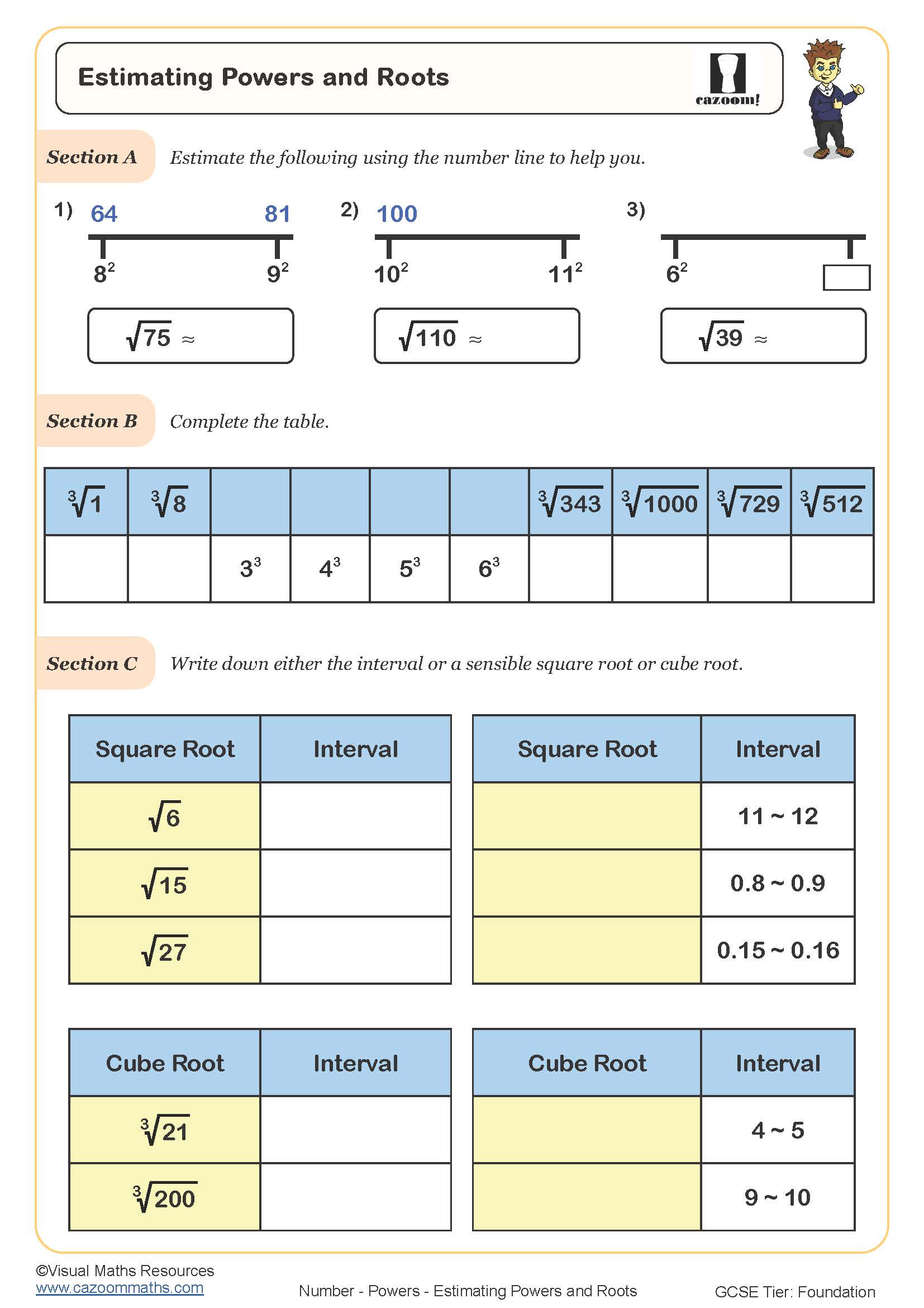Estimating Values of Powers and Roots Worksheet | Cazoom Maths ...