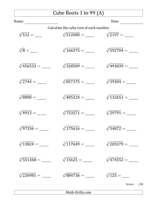 Cube Roots 1 to 99 (A)