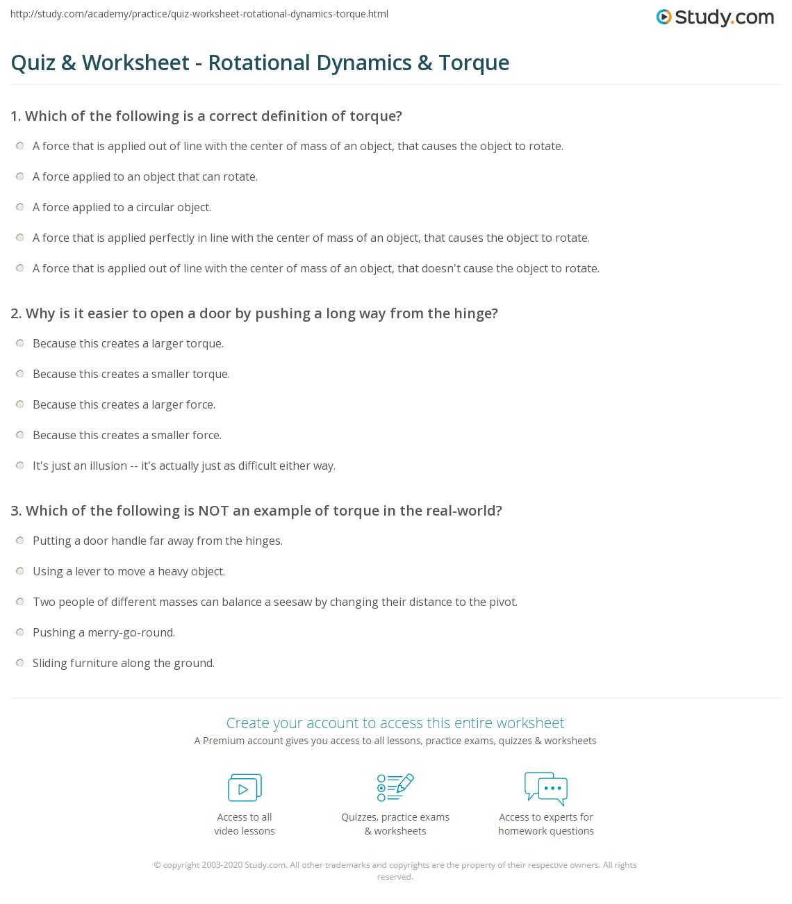 Quiz &  Worksheet - Rotational Dynamics &  Torque | Study.com