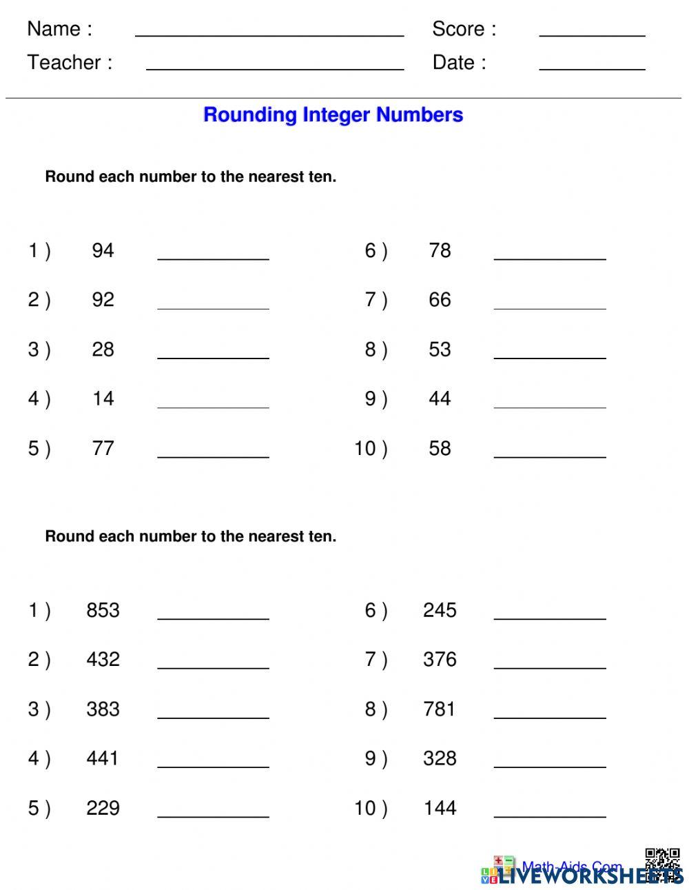 Rounding to Nearest 10 worksheet  